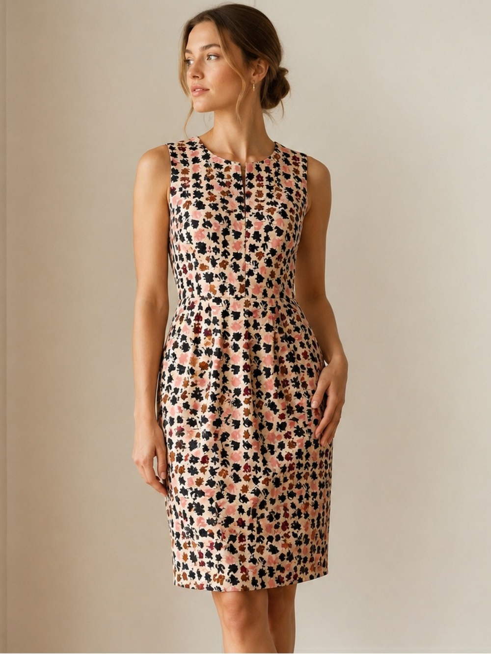Hugo Boss 100% Silk Champagne Abstract Print Sheath Dress Size 4